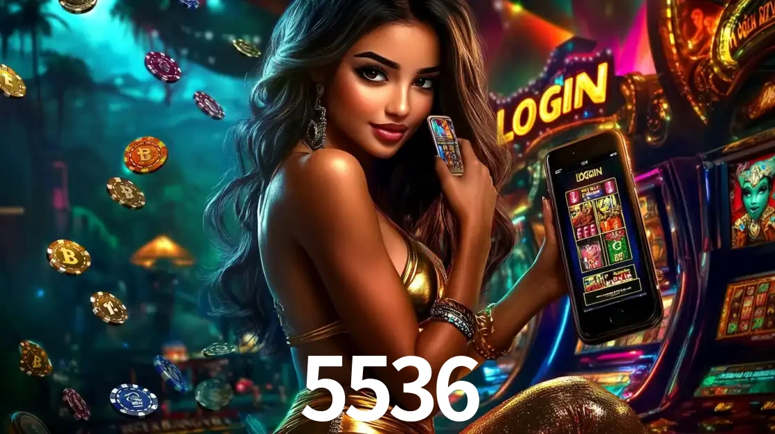 Mulher em um cenário de cassino temático de aventura, mostrando o app de caça-níqueis da 5536 no celular. Fichas de apostas flutuam ao redor.