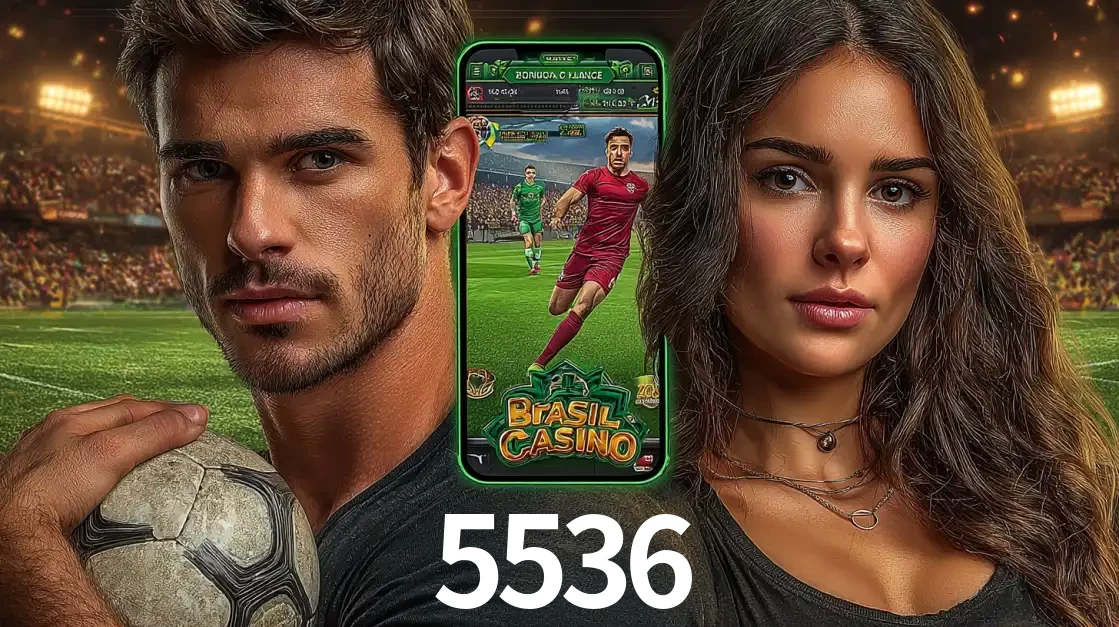 Homem segurando uma bola de futebol e uma mulher ao lado de um smartphone exibindo o jogo de apostas esportivas da 5536. Faça seu palpite no cassino online.